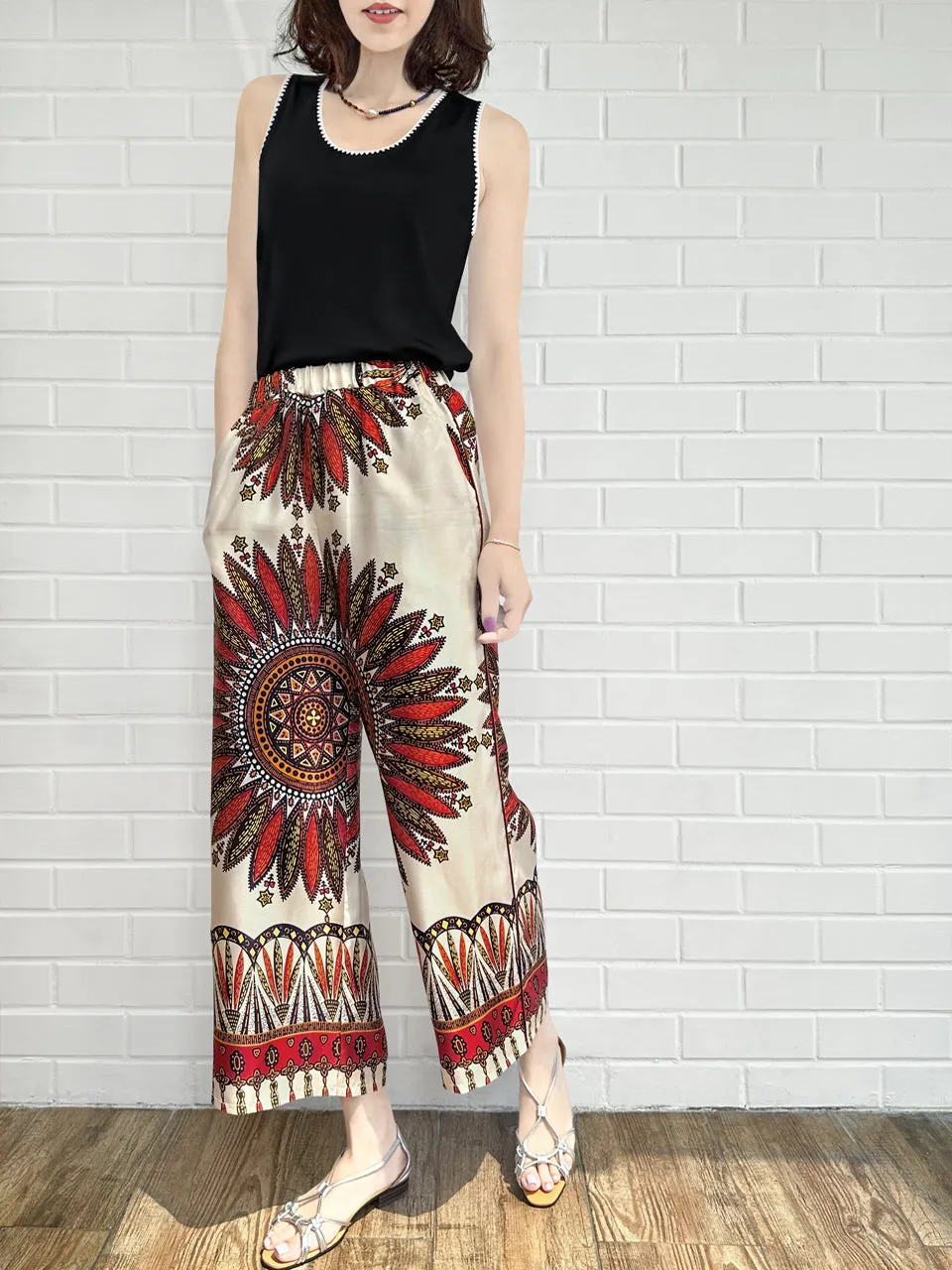 Mahogany Gold Mandala Contrast Piping Silky Cropped Trousers