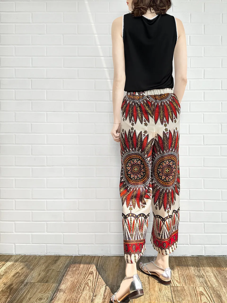 Mahogany Gold Mandala Contrast Piping Silky Cropped Trousers