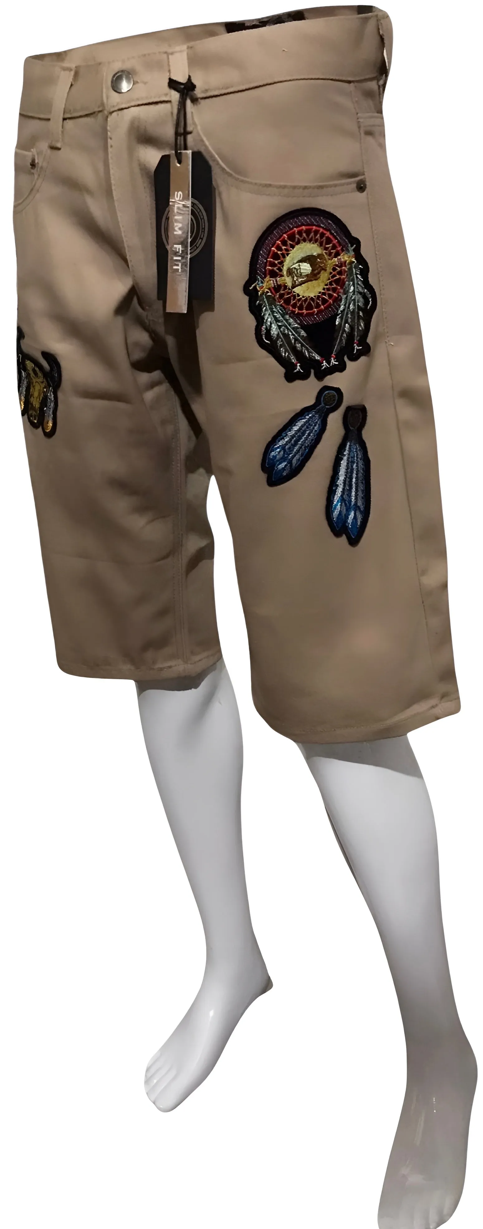 ^MAXI MILIAN^ (LIGHT BROWN) ~NATIVE AMERICAN~ DENIM SHORTS (SLIM FIT) (EMBROIDERED)