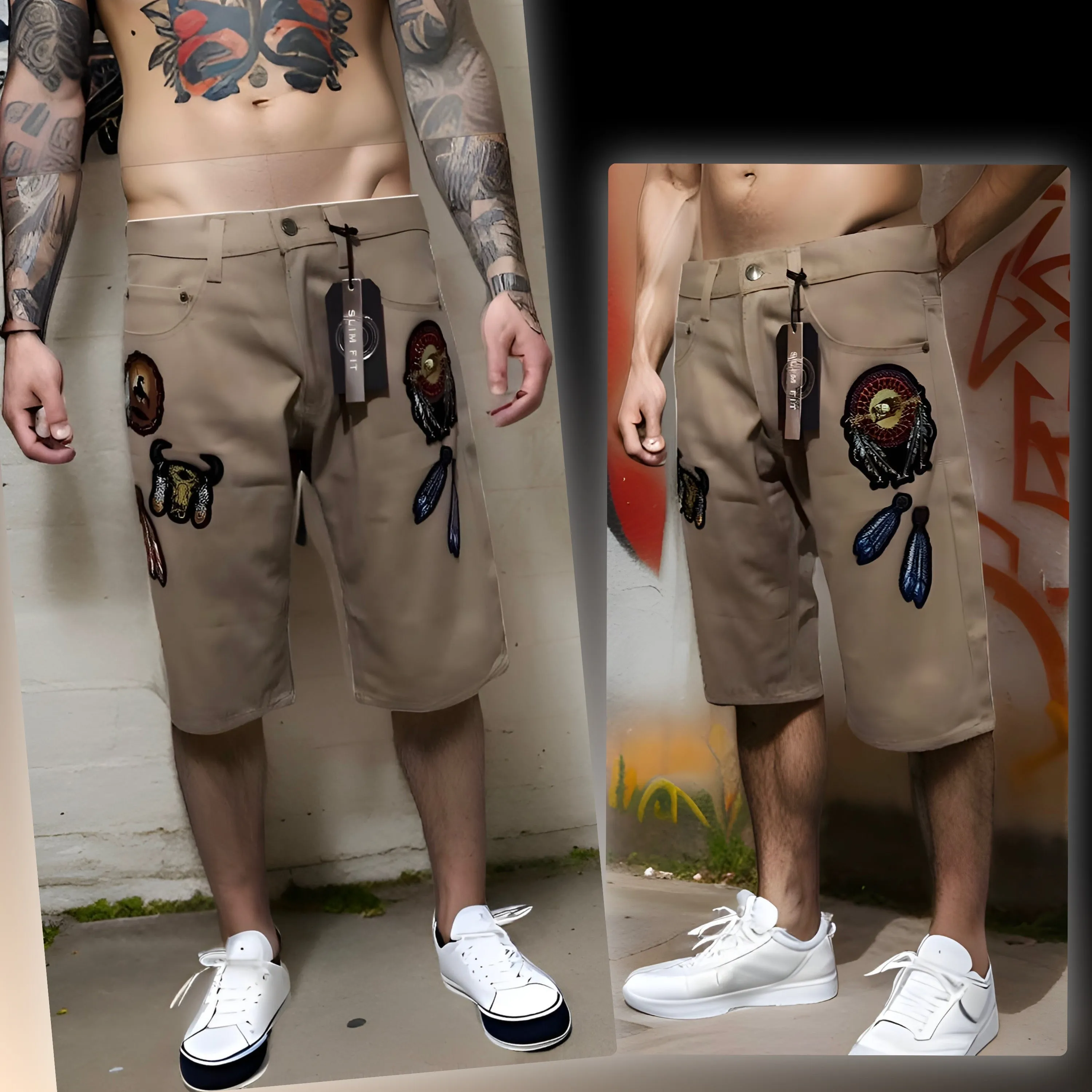 ^MAXI MILIAN^ (LIGHT BROWN) ~NATIVE AMERICAN~ DENIM SHORTS (SLIM FIT) (EMBROIDERED)