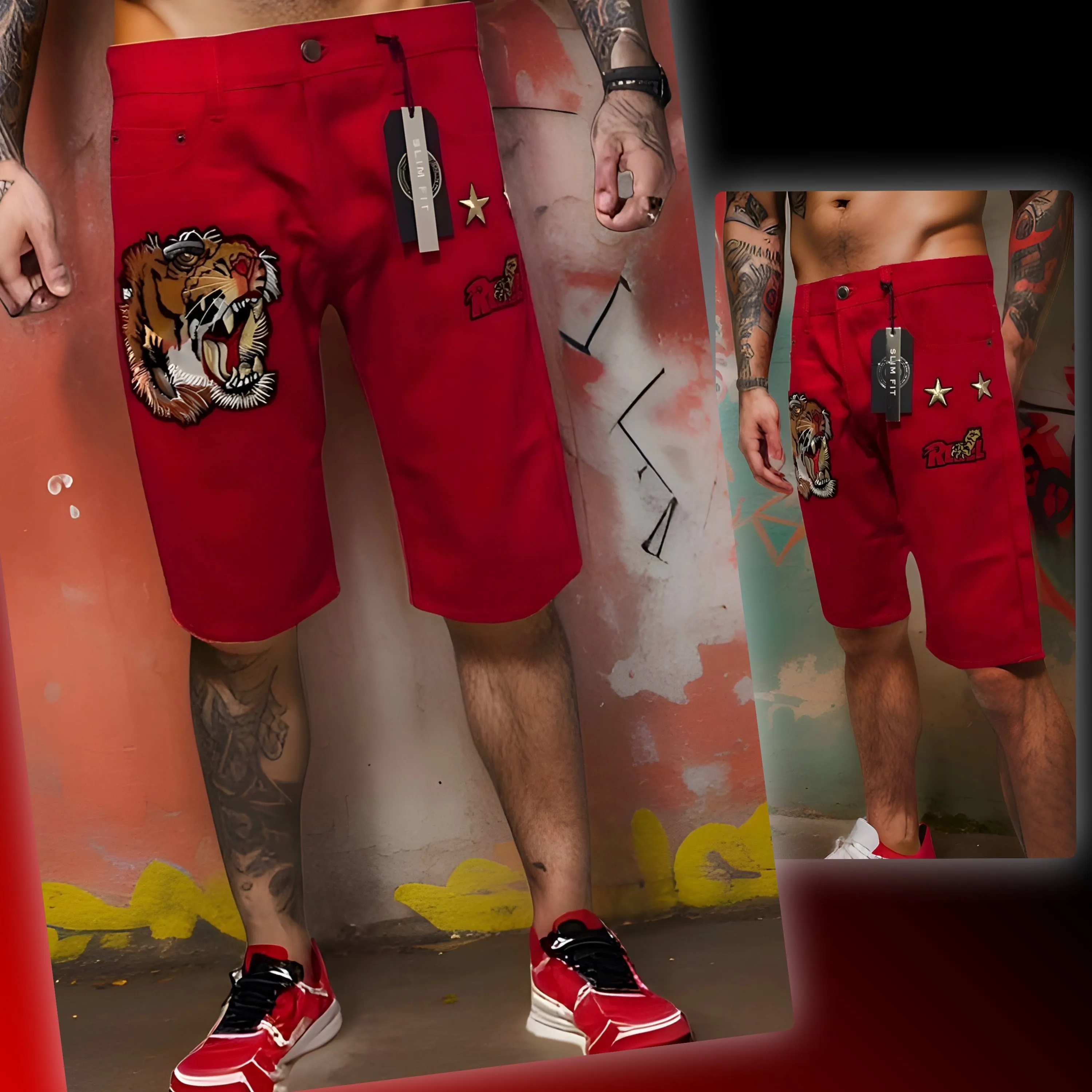 ^MAXI MILIAN^ (RED) ~TIGER~ DENIM SHORTS (SLIM FIT) (EMBROIDERED)