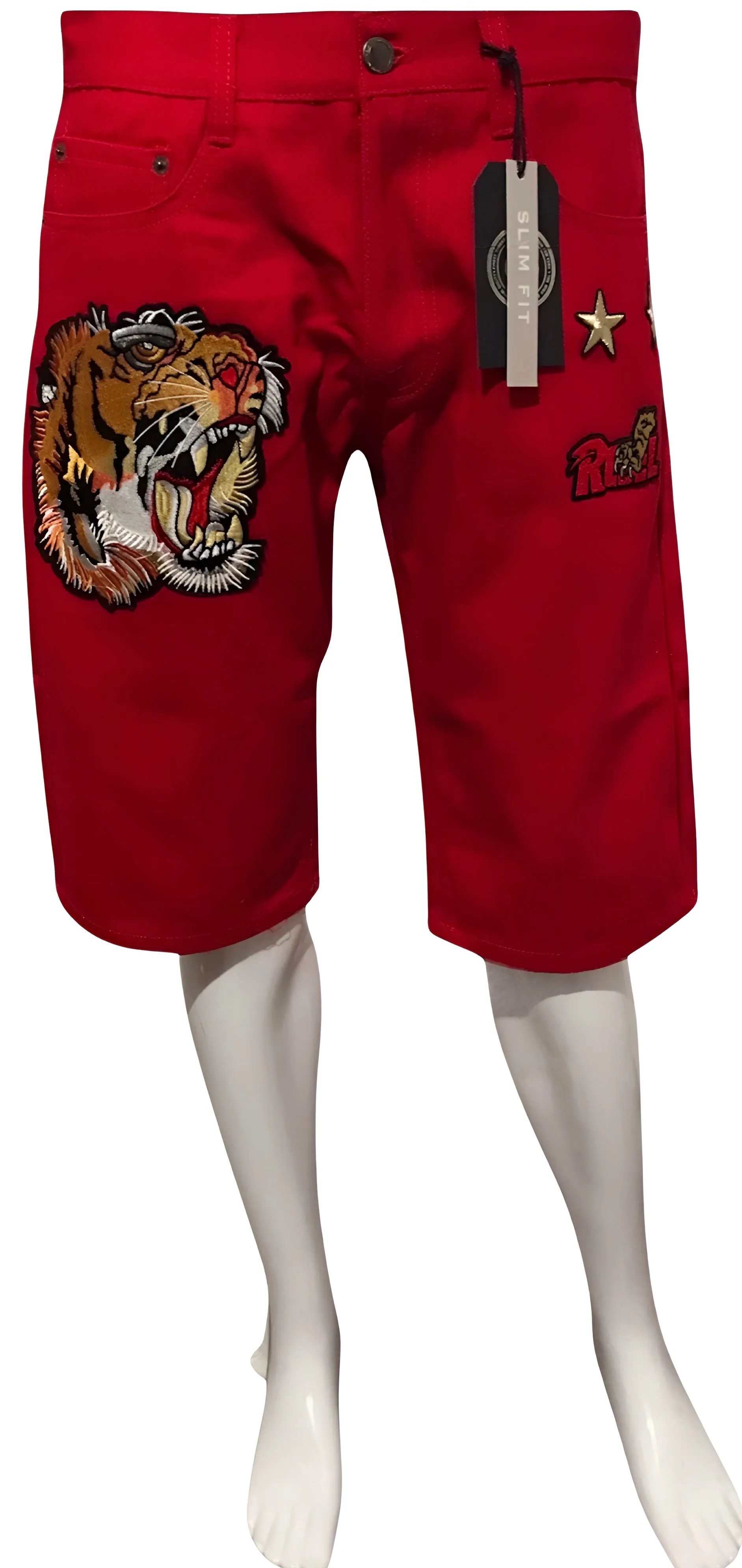 ^MAXI MILIAN^ (RED) ~TIGER~ DENIM SHORTS (SLIM FIT) (EMBROIDERED)