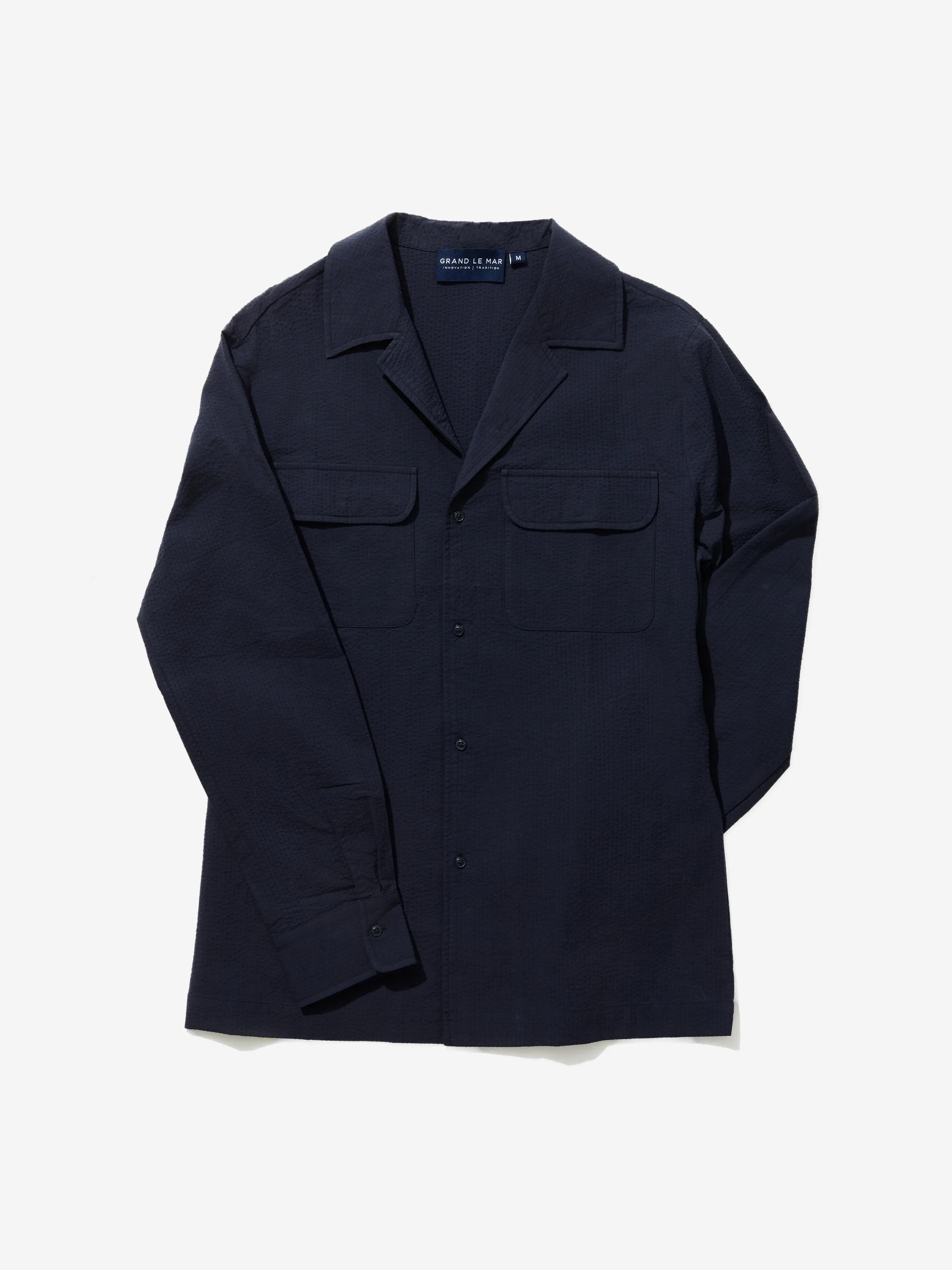 Navy Seersucker Camp Shirt