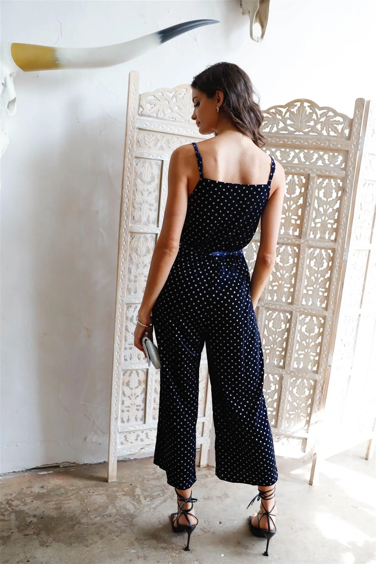 Navy Velvet Glitter Polka Dot Self-Tie Wrapped Jumpsuit /1-2-2