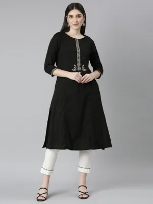 Neeru's Black Regular Straight Solid Kurta And Trousers