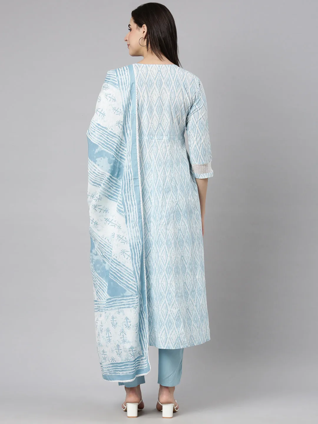 Neerus Blue Regular Straight Chevron Kurta And  Trousers With Dupatta