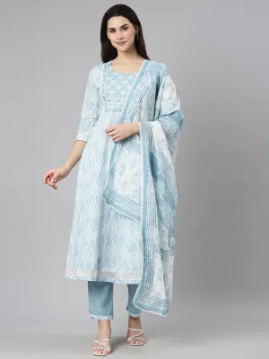 Neerus Blue Regular Straight Chevron Kurta And  Trousers With Dupatta