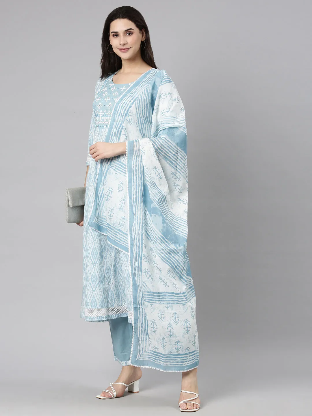 Neerus Blue Regular Straight Chevron Kurta And  Trousers With Dupatta