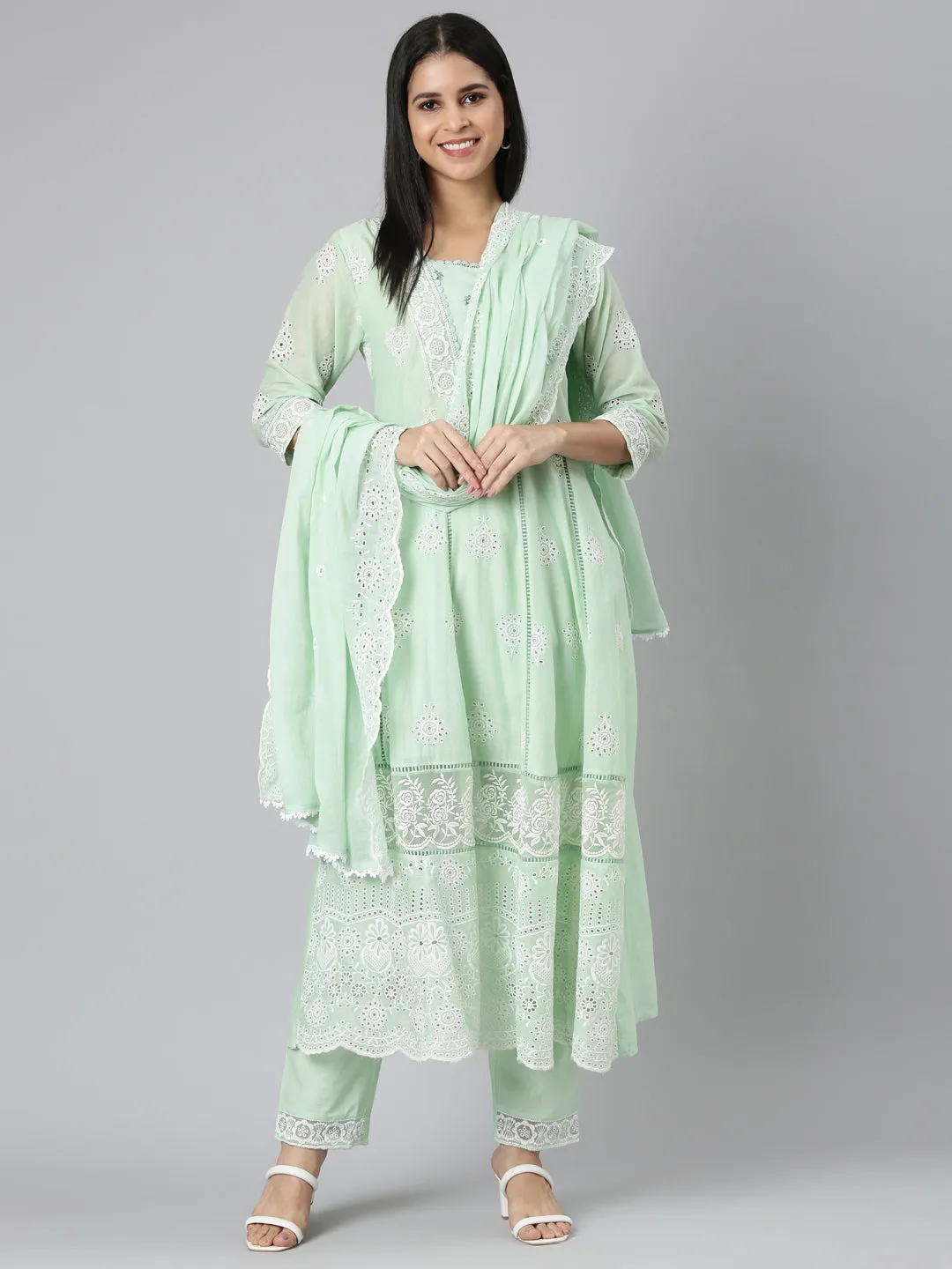 Neerus Green Panelled Scalloped Kurta and Trousers With Dupatta