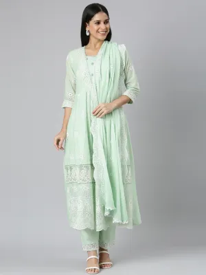 Neerus Green Panelled Scalloped Kurta and Trousers With Dupatta