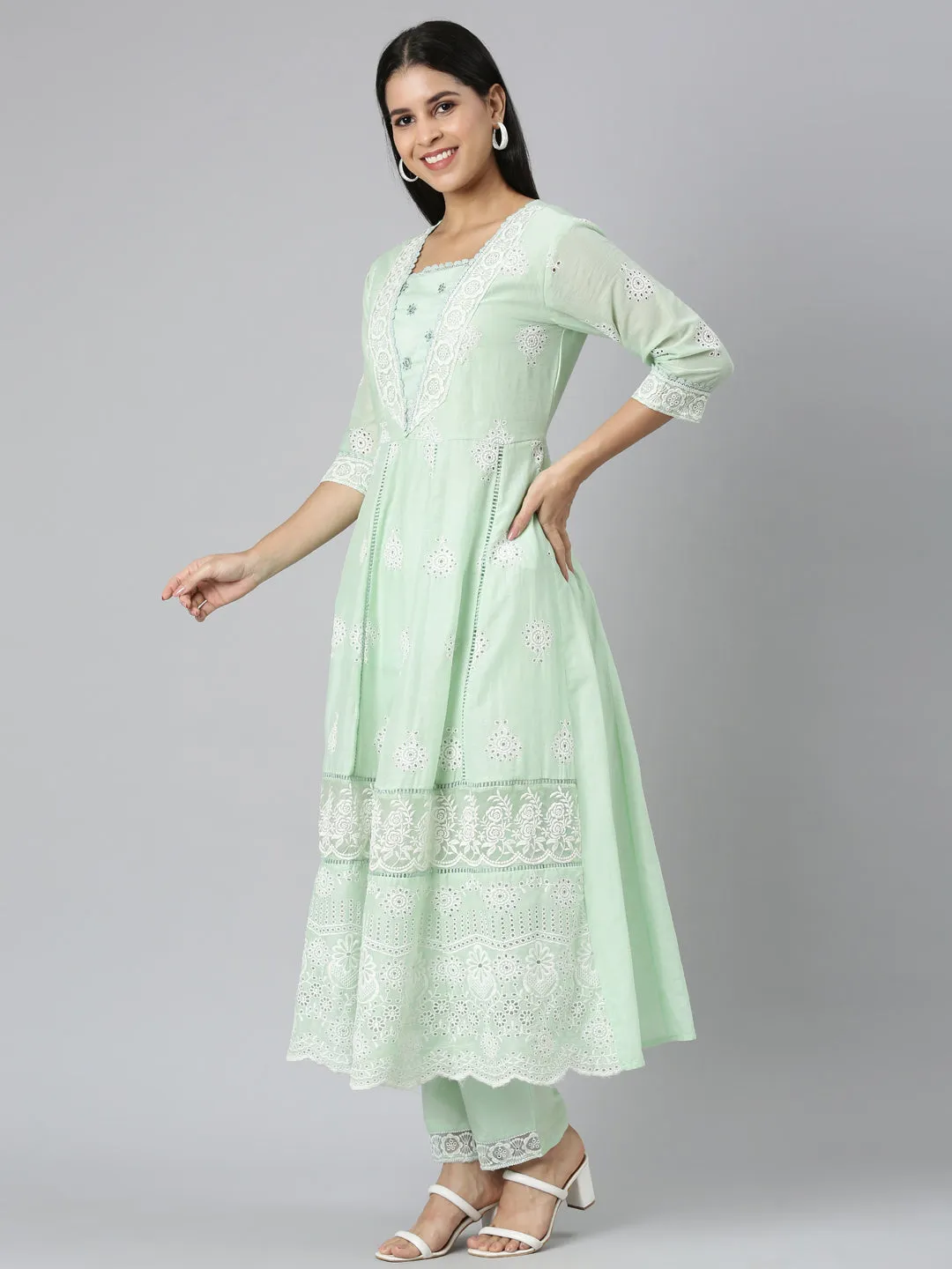 Neerus Green Panelled Scalloped Kurta and Trousers With Dupatta