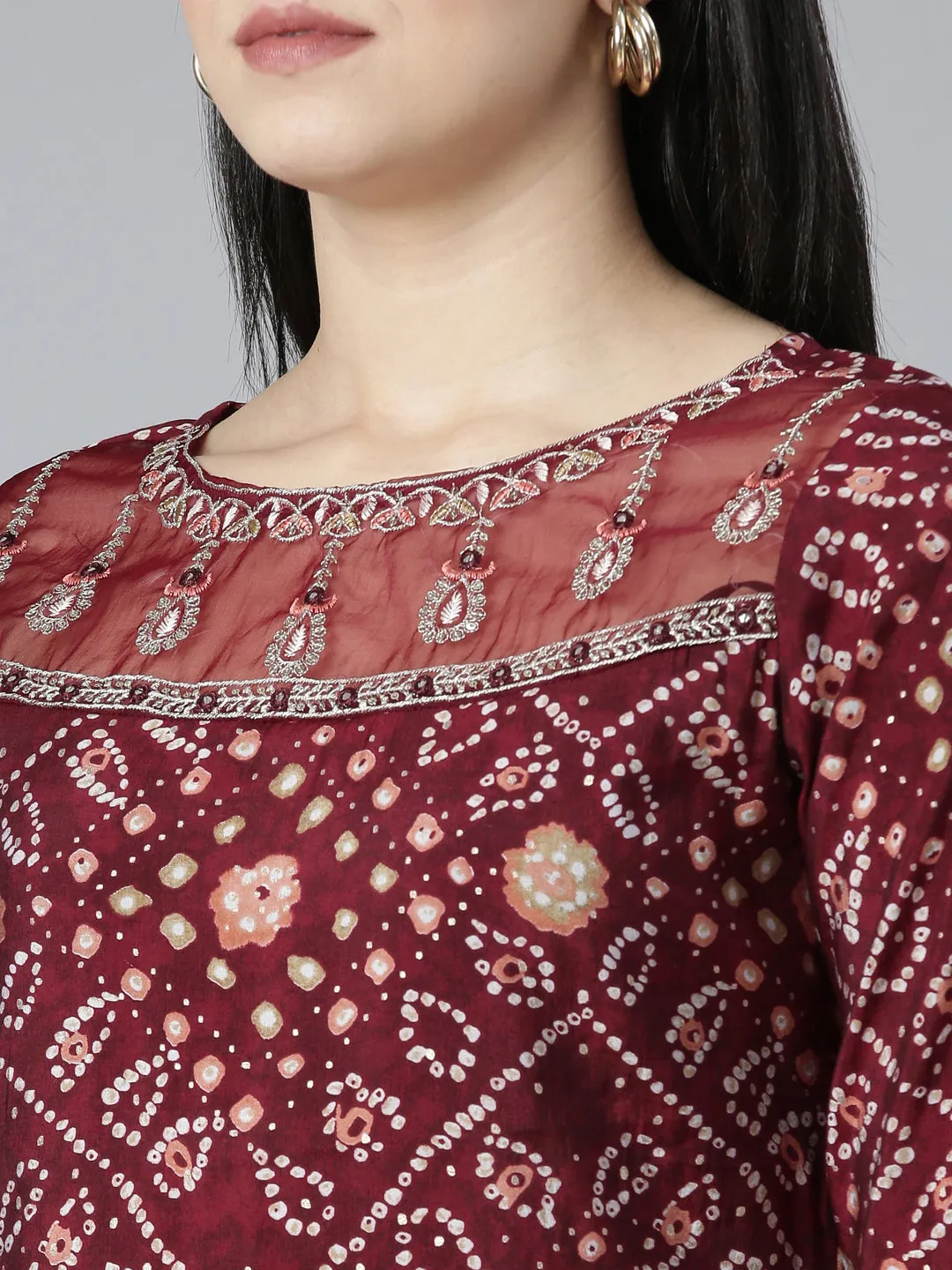 Neerus Maroon Regular Straight Bandhani Kurta And Trousers With Dupatta