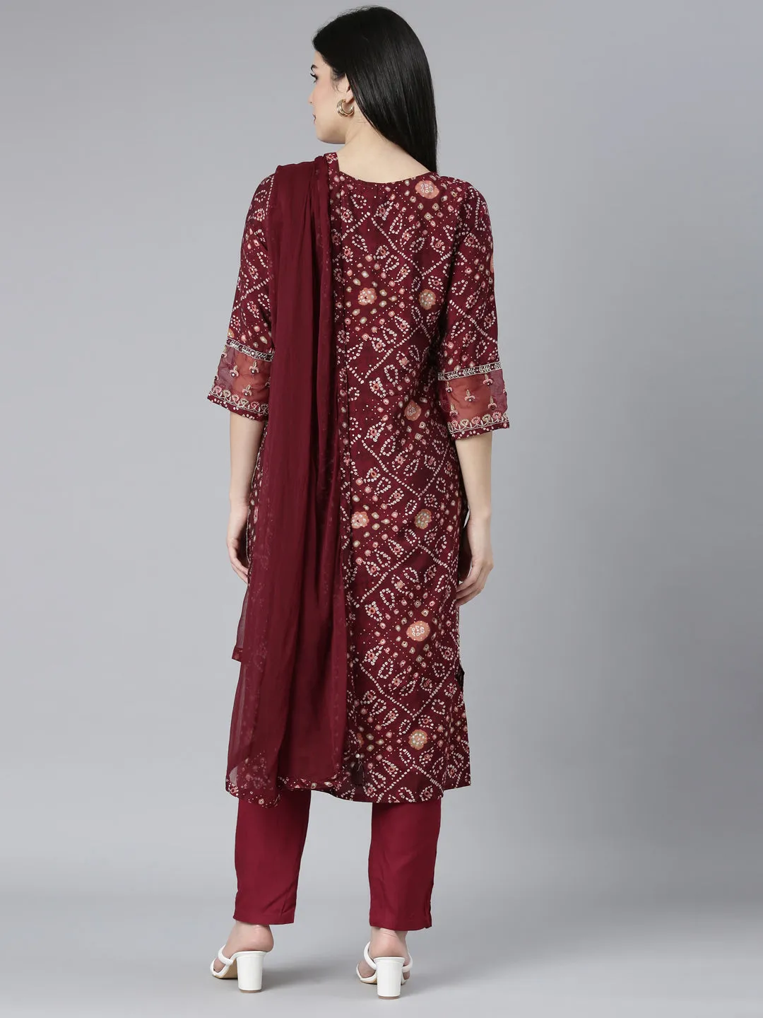 Neerus Maroon Regular Straight Bandhani Kurta And Trousers With Dupatta