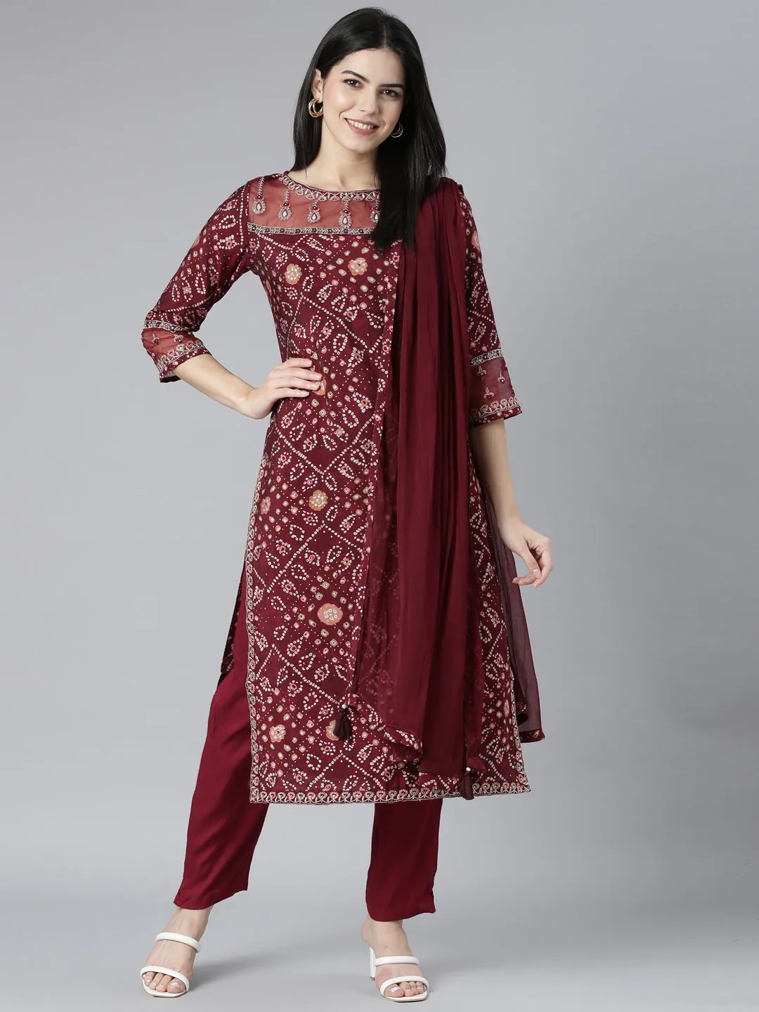 Neerus Maroon Regular Straight Bandhani Kurta And Trousers With Dupatta