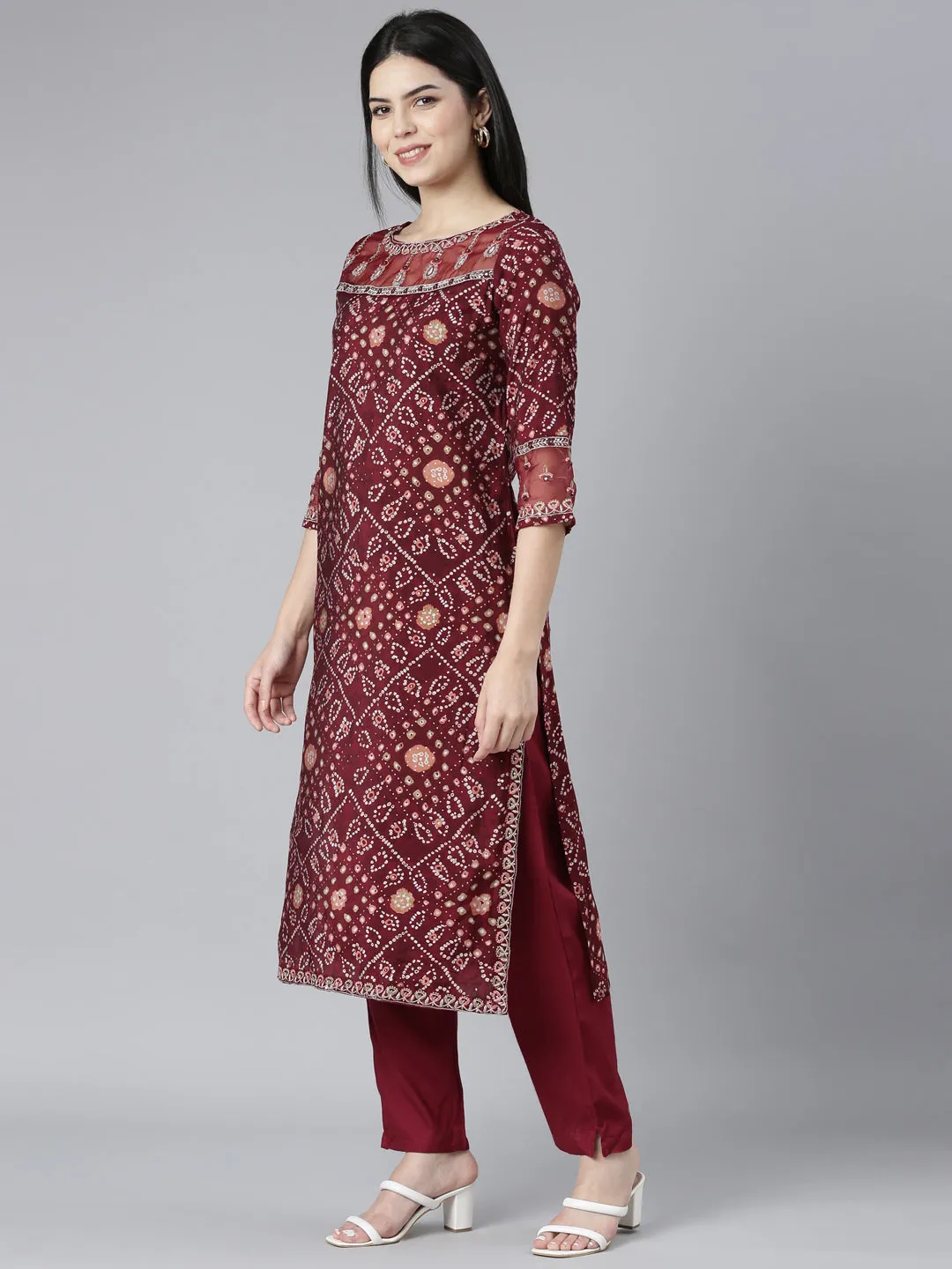 Neerus Maroon Regular Straight Bandhani Kurta And Trousers With Dupatta