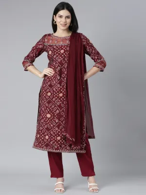 Neerus Maroon Regular Straight Bandhani Kurta And Trousers With Dupatta