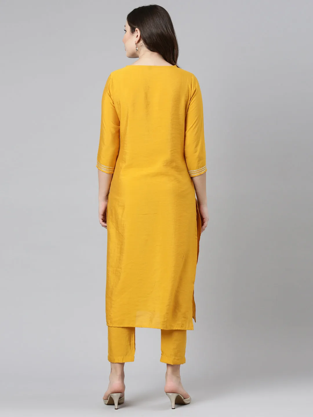 Neeru's Yellow Regular Straight Embroidered Kurta And Trousers