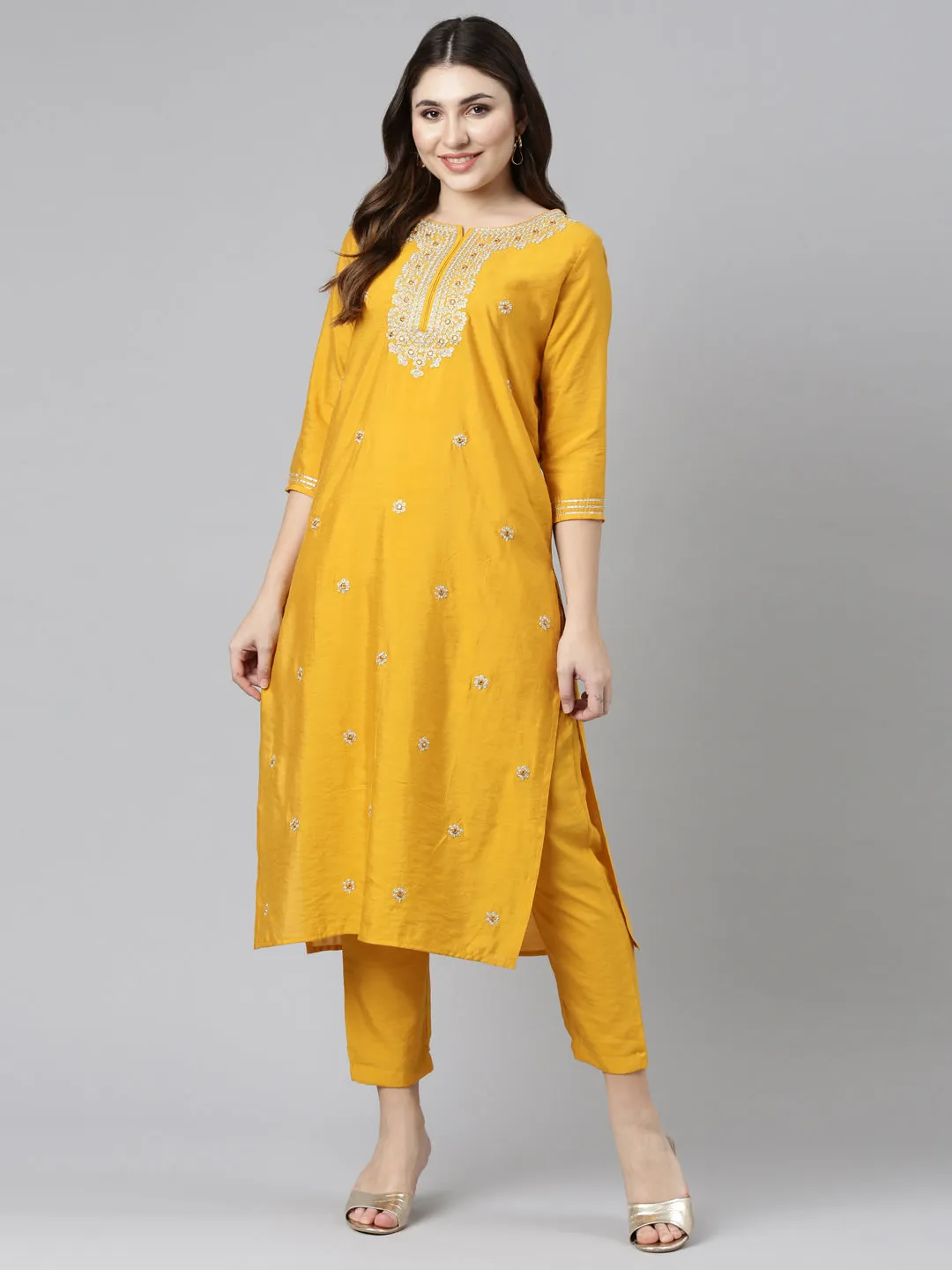 Neeru's Yellow Regular Straight Embroidered Kurta And Trousers