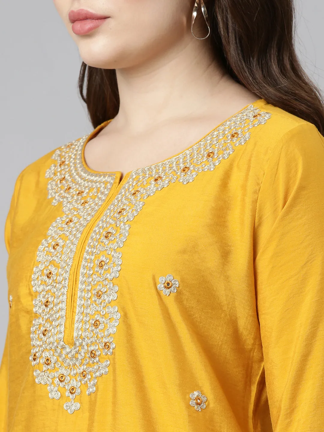 Neeru's Yellow Regular Straight Embroidered Kurta And Trousers