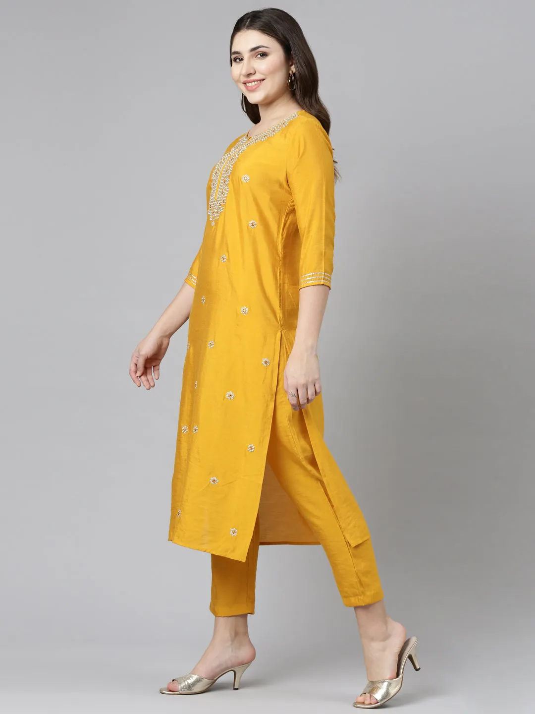 Neeru's Yellow Regular Straight Embroidered Kurta And Trousers