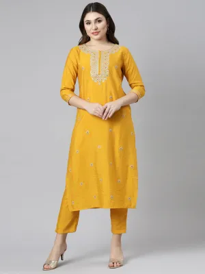 Neeru's Yellow Regular Straight Embroidered Kurta And Trousers