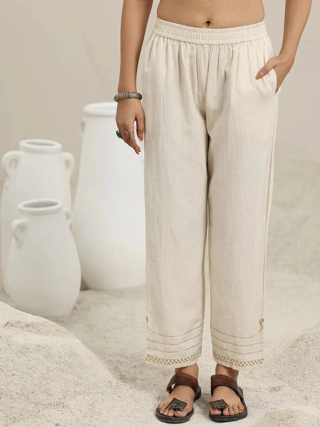 Off White Solid Cotton Straight Fit Trousers