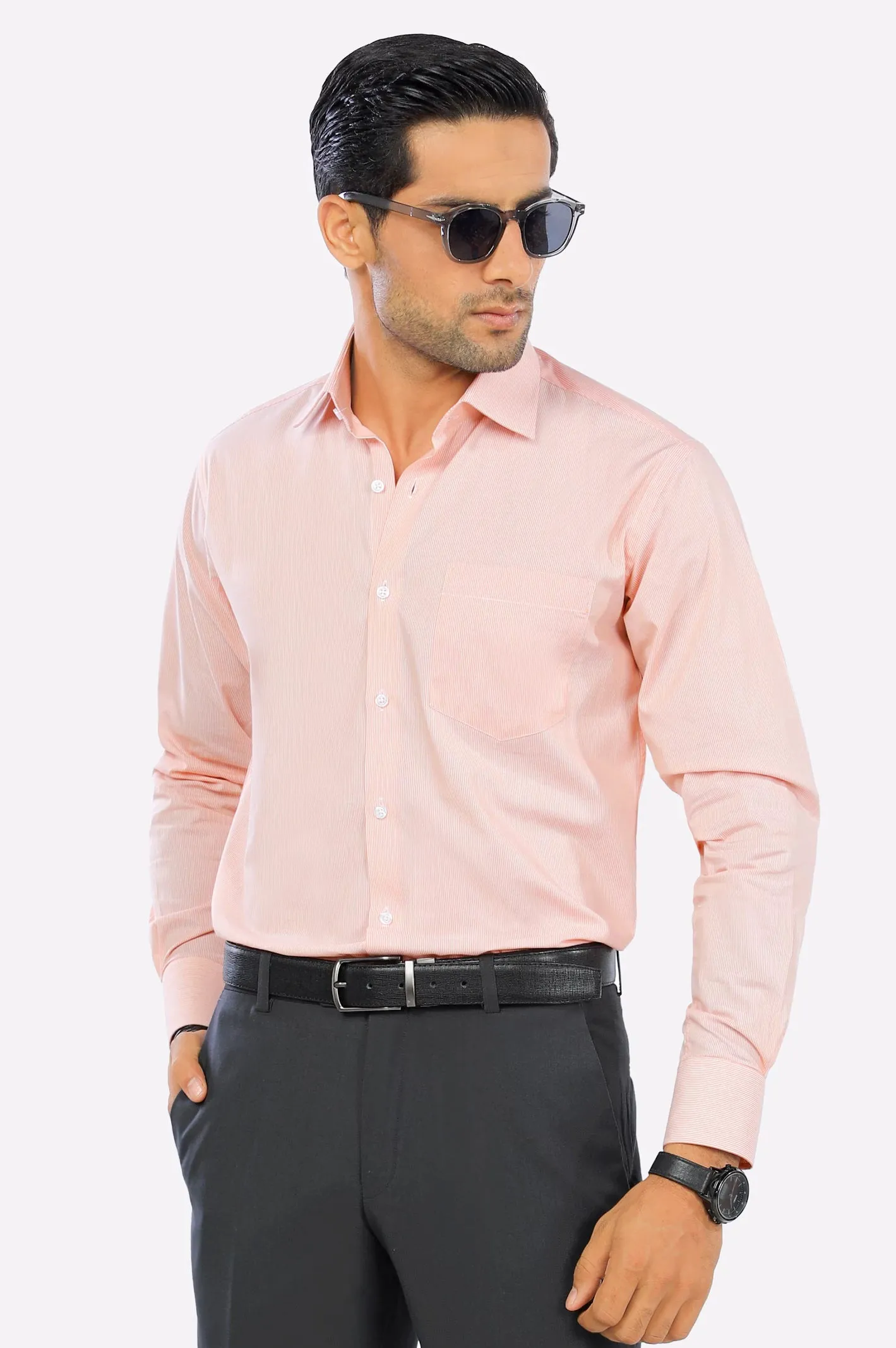 Peach Hairline Stripe Formal Shirt