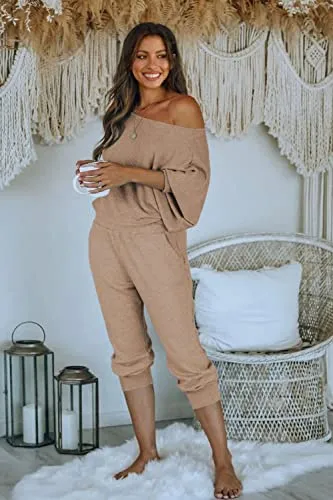 PRETTYGARDEN Women's 2 Piece Ribbed Tracksuit Outfits Off Shoulder Long Sleeve Pullover Lounge Pants with Pockets