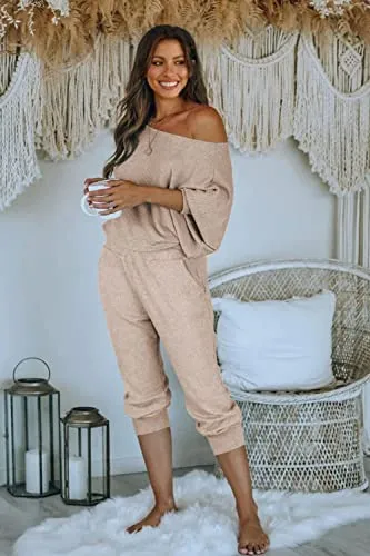 PRETTYGARDEN Women's 2 Piece Ribbed Tracksuit Outfits Off Shoulder Long Sleeve Pullover Lounge Pants with Pockets