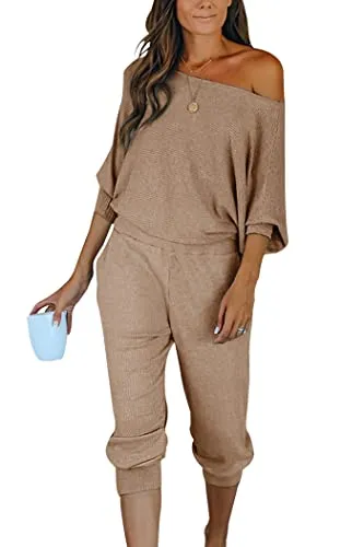 PRETTYGARDEN Women's 2 Piece Ribbed Tracksuit Outfits Off Shoulder Long Sleeve Pullover Lounge Pants with Pockets