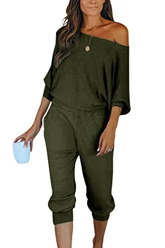 PRETTYGARDEN Women's 2 Piece Ribbed Tracksuit Outfits Off Shoulder Long Sleeve Pullover Lounge Pants with Pockets