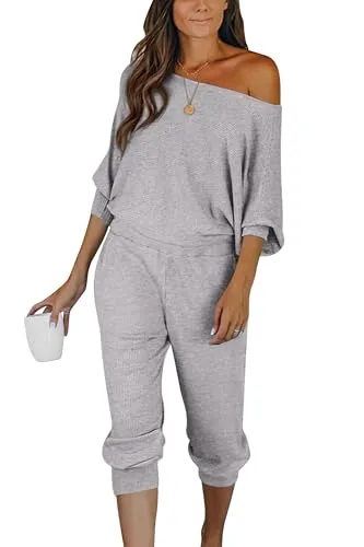 PRETTYGARDEN Women's 2 Piece Ribbed Tracksuit Outfits Off Shoulder Long Sleeve Pullover Lounge Pants with Pockets