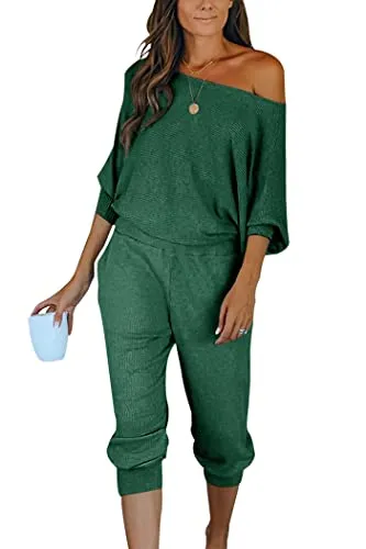 PRETTYGARDEN Women's 2 Piece Ribbed Tracksuit Outfits Off Shoulder Long Sleeve Pullover Lounge Pants with Pockets