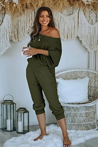 PRETTYGARDEN Women's 2 Piece Ribbed Tracksuit Outfits Off Shoulder Long Sleeve Pullover Lounge Pants with Pockets