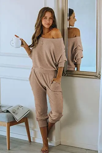 PRETTYGARDEN Women's 2 Piece Ribbed Tracksuit Outfits Off Shoulder Long Sleeve Pullover Lounge Pants with Pockets