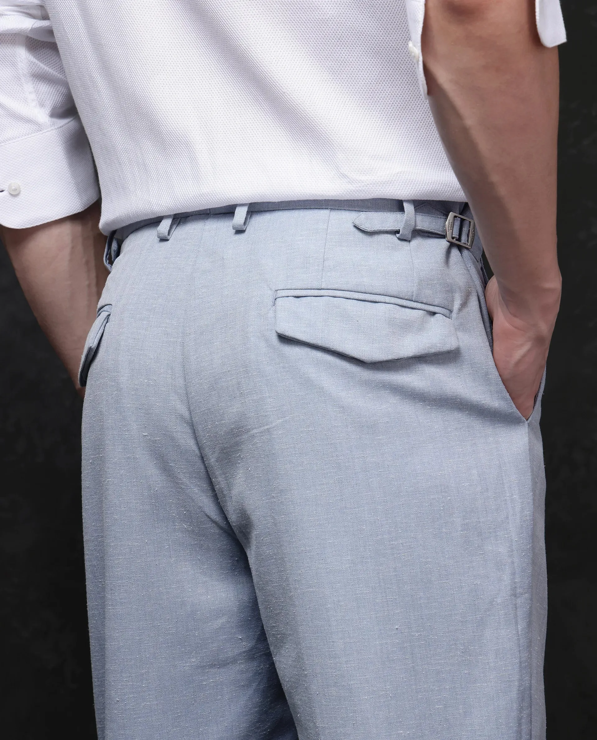 Rare Rabbit Men Rhesa Light Blue Linen Blend Pleated Button Closure Relaxed Fit Plain Trouser