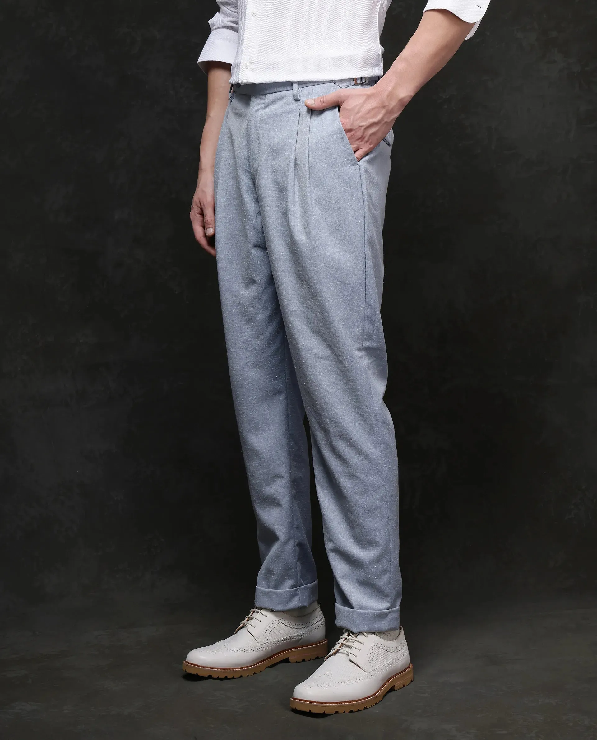 Rare Rabbit Men Rhesa Light Blue Linen Blend Pleated Button Closure Relaxed Fit Plain Trouser