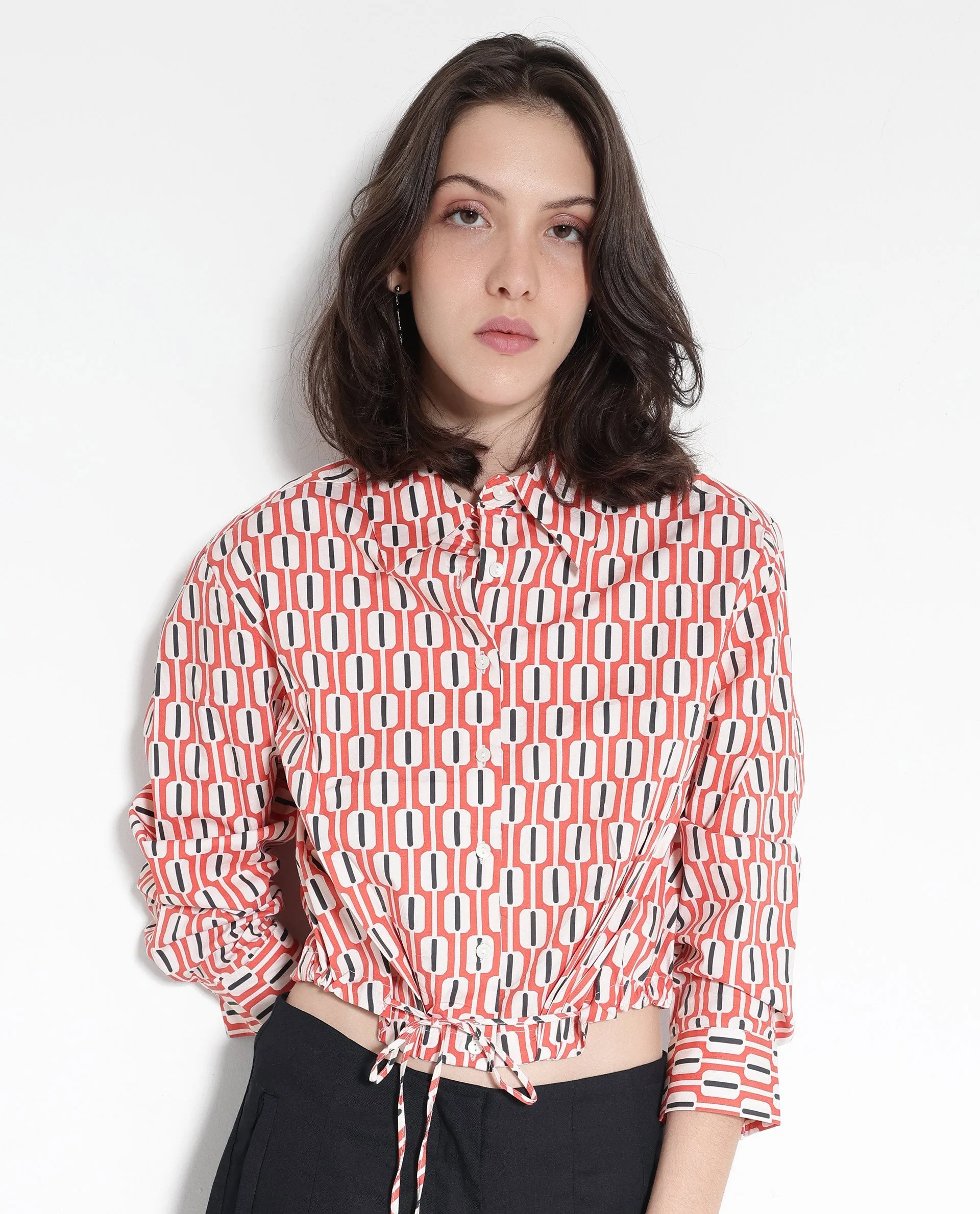 Rareism Women Kayline Multi Cuffed Sleeve Collared Neck Button Closure Cropped Geometric Print Top