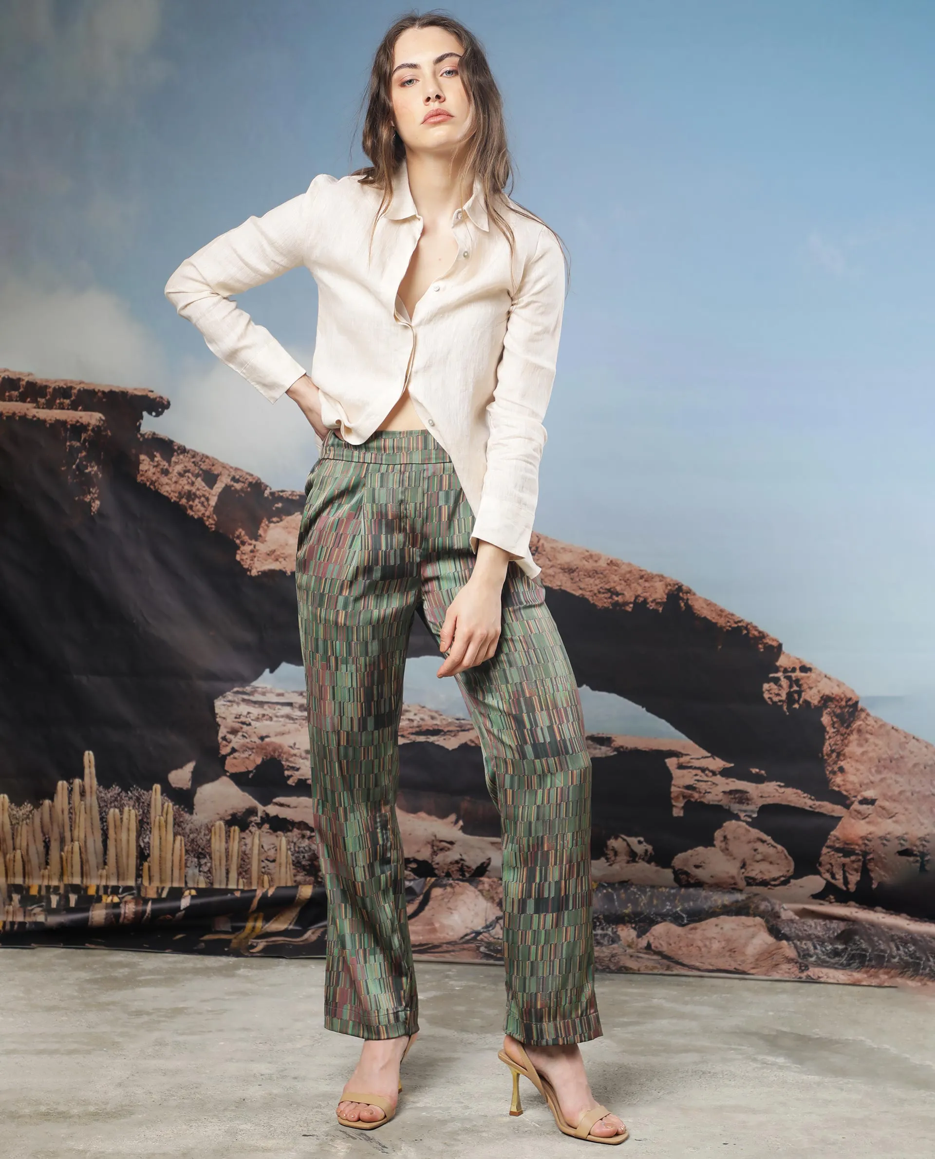 Rareism Women Millie Dark Olive Polyester Fabric Tailored Fit Geometric Print Ankle Length Trousers