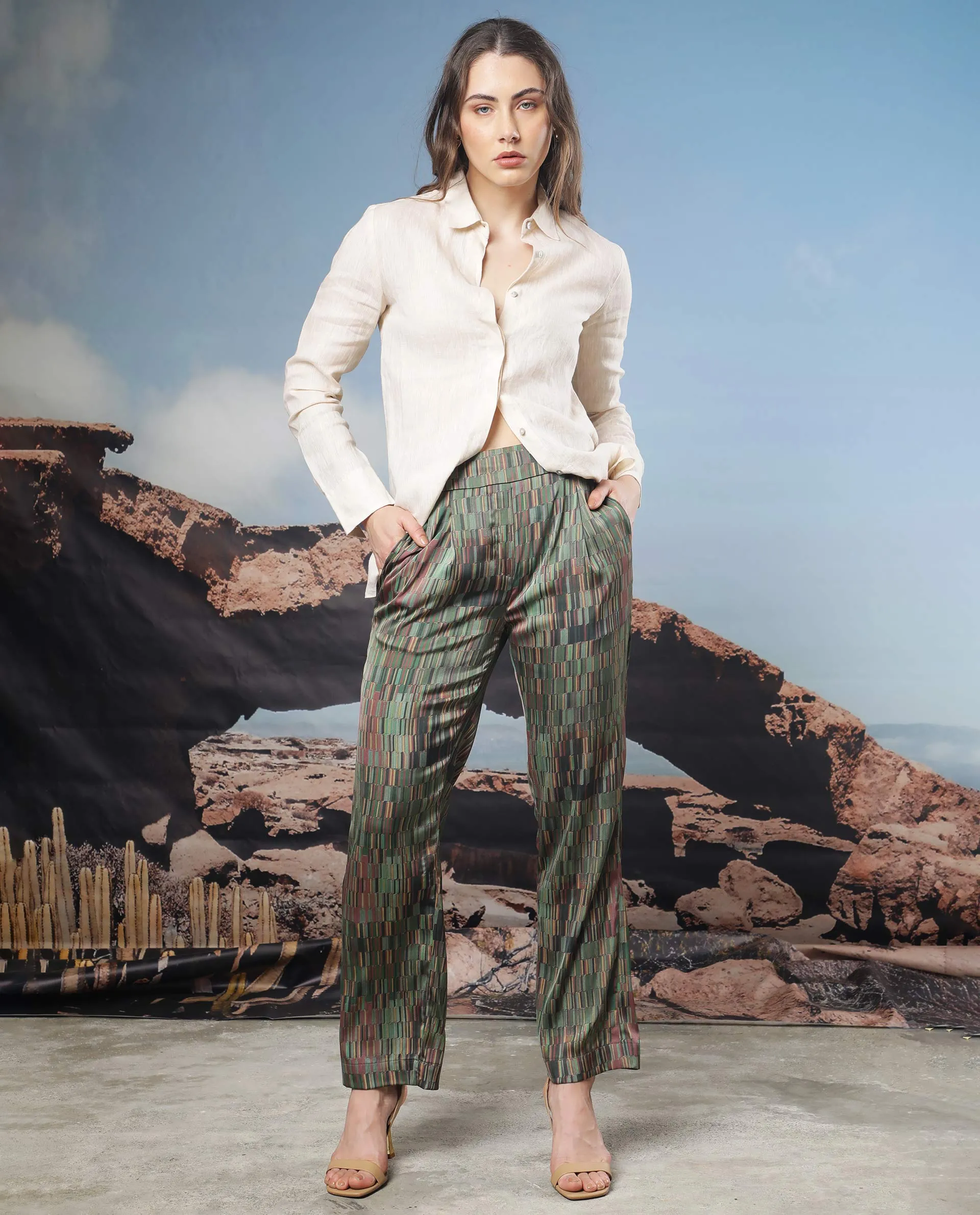 Rareism Women Millie Dark Olive Polyester Fabric Tailored Fit Geometric Print Ankle Length Trousers