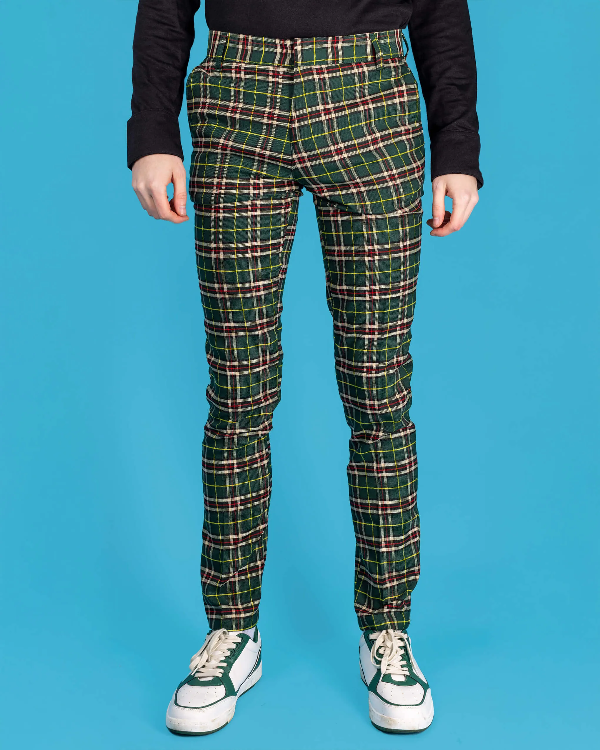 Retro Mod Stretch Plaid Green Tartan Slim Skinny Fitting Trousers