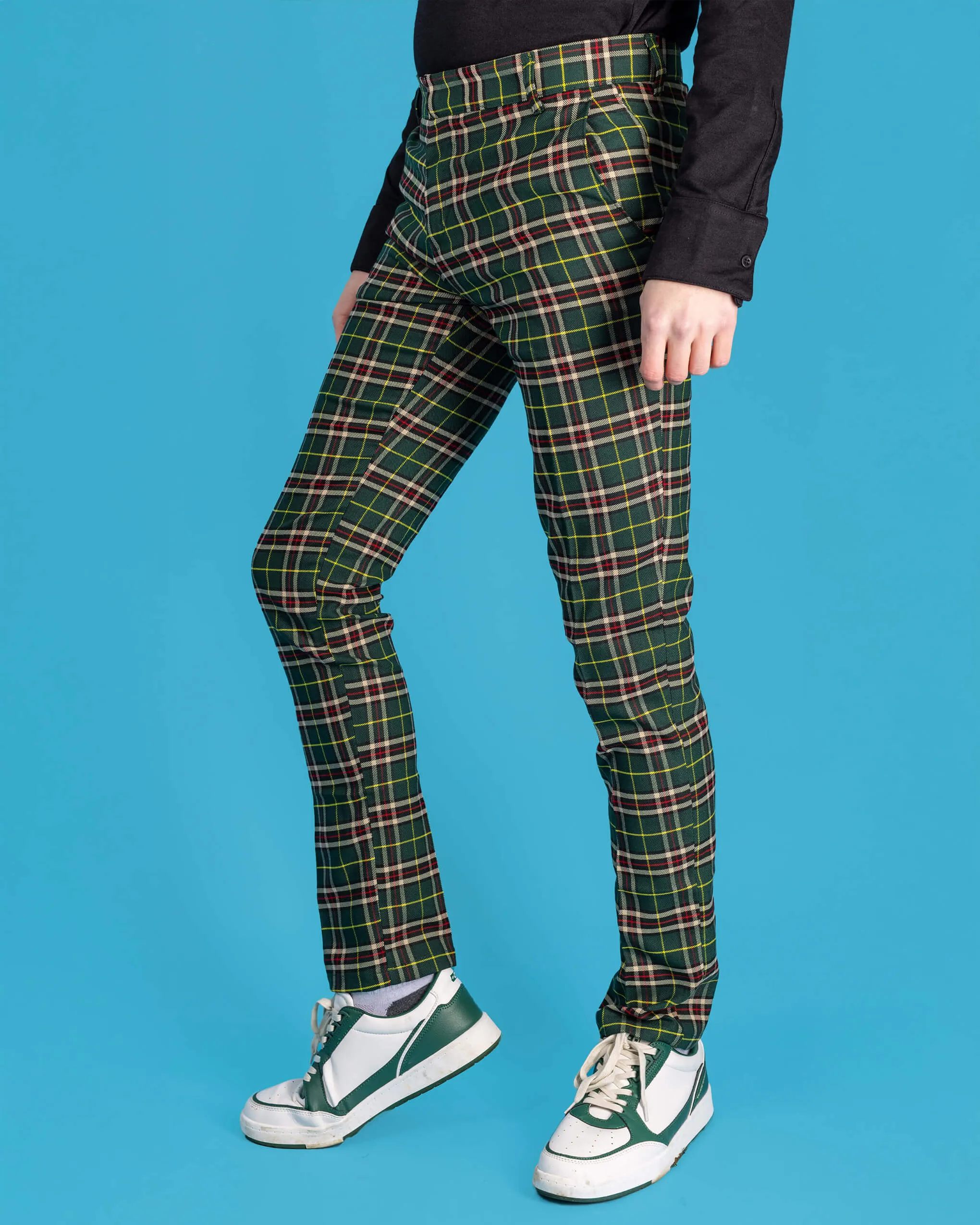 Retro Mod Stretch Plaid Green Tartan Slim Skinny Fitting Trousers