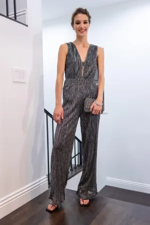 Silver Pleated Sparkly V-Neck Cut-Out Detail Jumpsuit /1-2-2-1