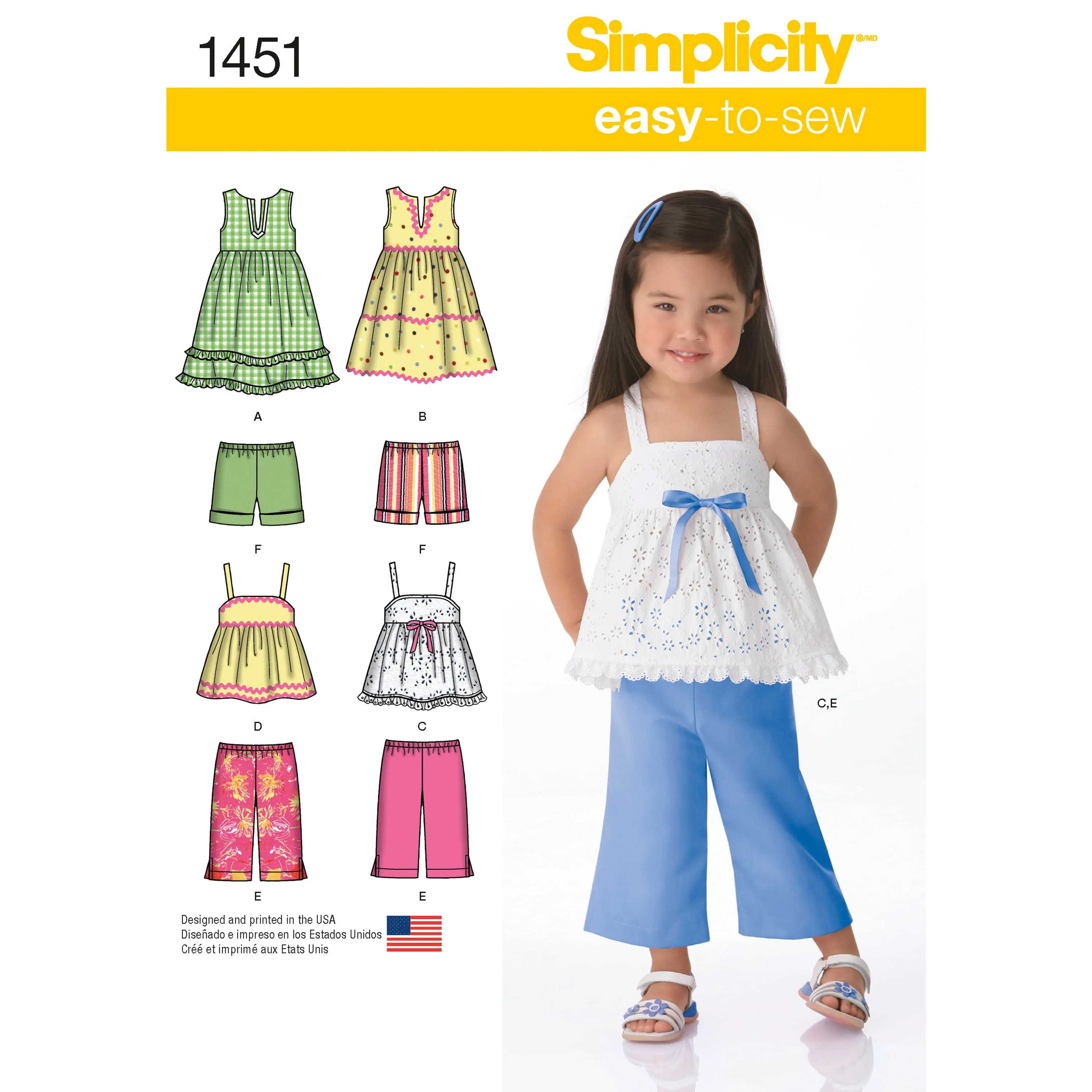 Simplicity Sewing Pattern 1451 Toddlers’ Dresses, Top, Cropped Trousers and Shorts