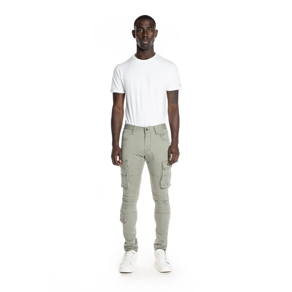 Slim Tapered Multipocket Cargo Twill Pants - Light Olive