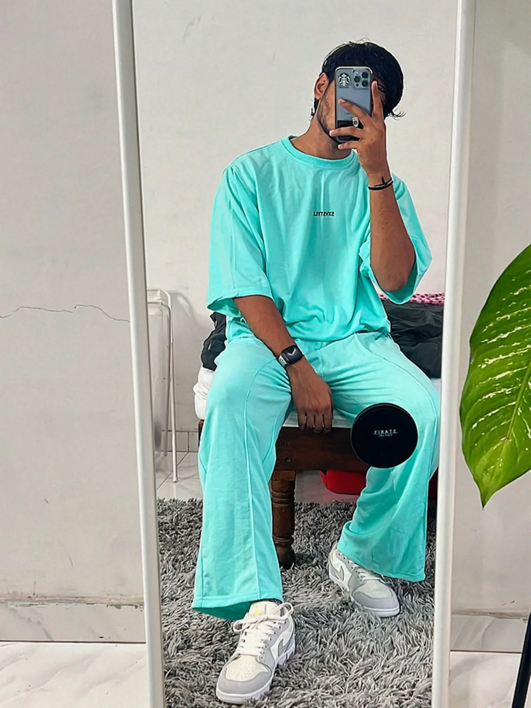 SXV CO-ORDS set : Mintgreen Reflective Rainbow Oversized T-shirt And Trouser Combo