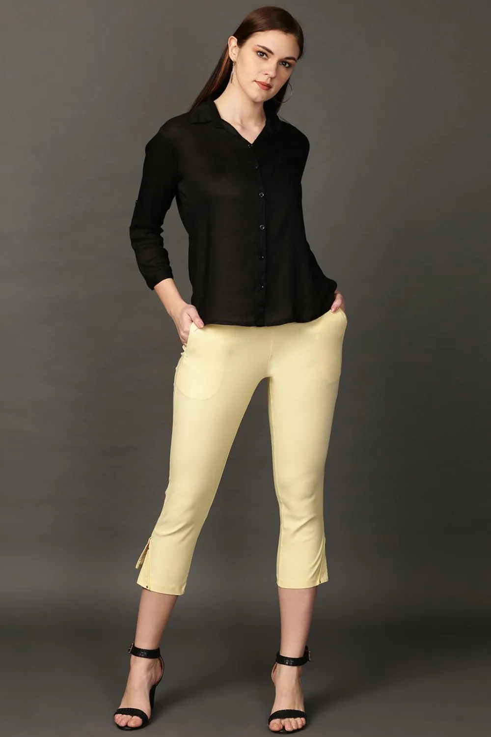 Taara Yellow Classic Fit Cotton Trousers for Women