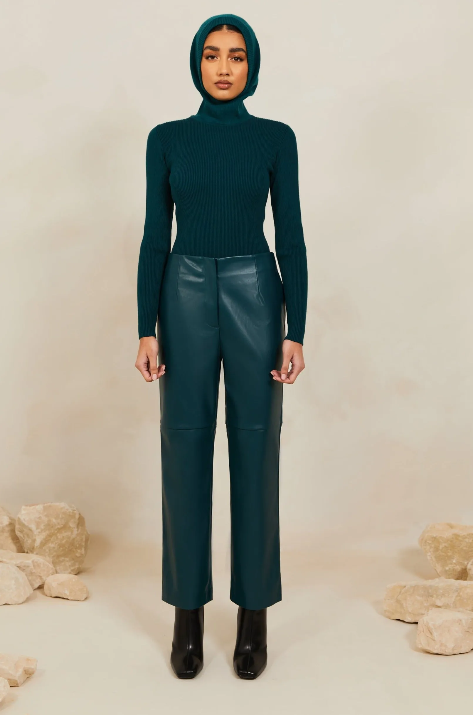 Vegan Leather Wide Leg Trousers - Deep Teal