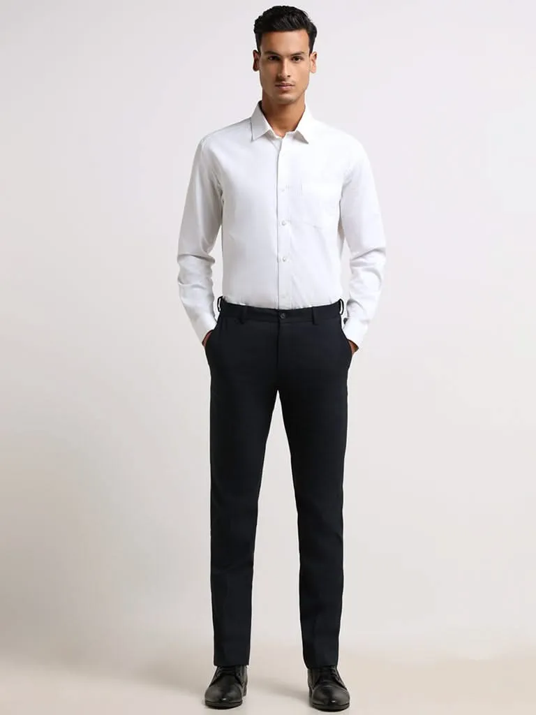 WES Formals Navy Cotton Slim-Fit Trousers