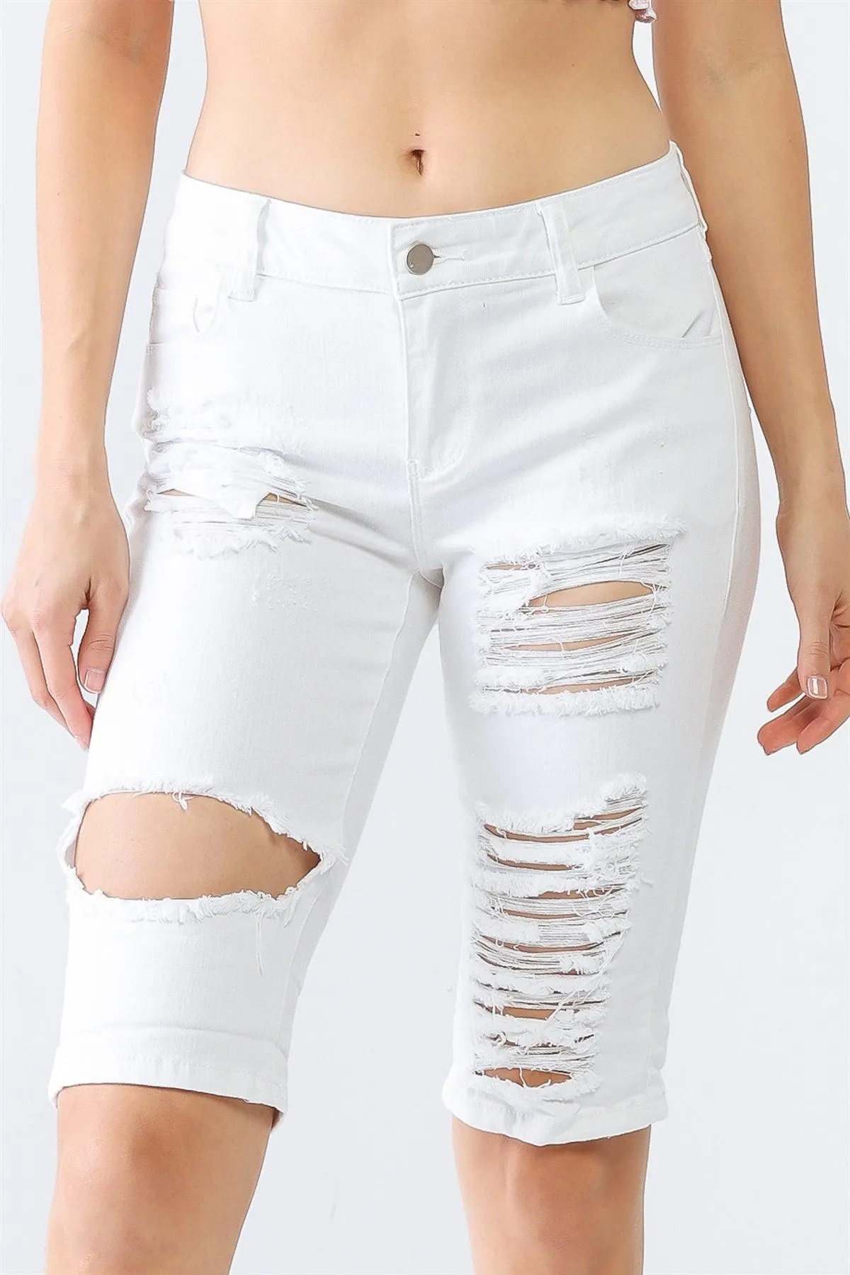 White Denim Cotton Distressed Capri Jeans Pre Pack